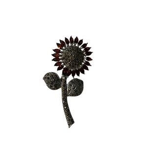 Vintage sterling silver 925 Sunflower Brooch with Red and Silver Accents